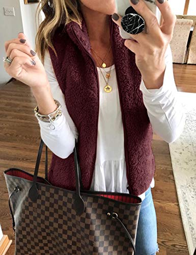 LOMON Womens Fuzzy Sherpa Fleece Jacket Lightweight Vest Cozy Sleeveless Cardigan Zipper Waistcoat Outerwear with Pocket - Image 5