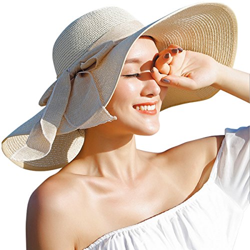 Lanzom Womens 5.5 Inches Big Bowknot Straw Hat Large Floppy Foldable Roll up Beach Cap Sun Hat UPF 50+