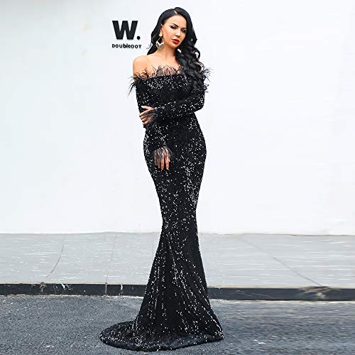 Lin Lin Q Sexy Off Shoulder Feather Long Sleeve Sequin Floor Length Evening Maxi Dress - Image 4