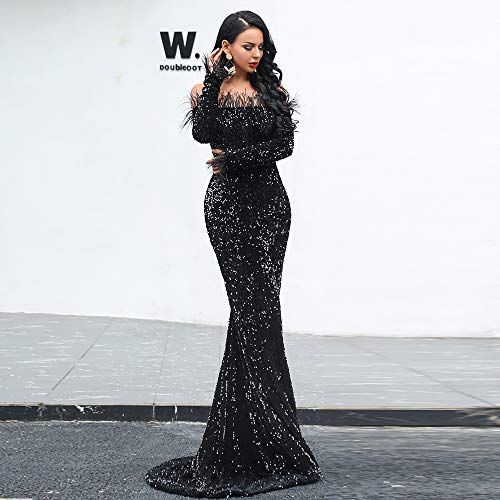 Lin Lin Q Sexy Off Shoulder Feather Long Sleeve Sequin Floor Length Evening Maxi Dress - Image 5