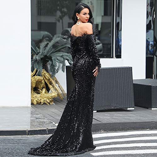 Lin Lin Q Sexy Off Shoulder Feather Long Sleeve Sequin Floor Length Evening Maxi Dress - Image 7