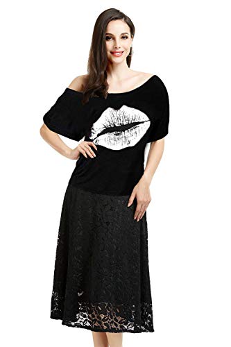 MAGICMK Women Casual Plus Size Lips Print Off Shoulder T-Shirt Tops - Image 4