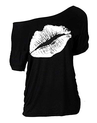 MAGICMK Women Casual Plus Size Lips Print Off Shoulder T-Shirt Tops