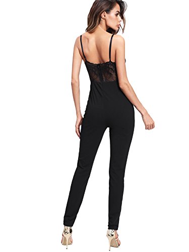 MakeMeChic Women's Casual V Neck Contrast Short Lace Sleeve Solid Skinny Jumpsuit Black XS - Image 3