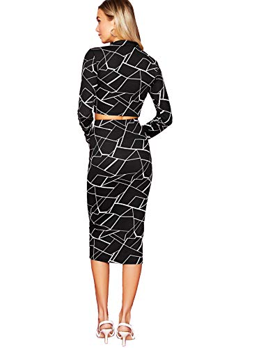 MakeMeChic Women's Two Piece Plaid Long Sleeve Crop Top and Bodycon Midi Skirt Set Suit Black XS - Image 3