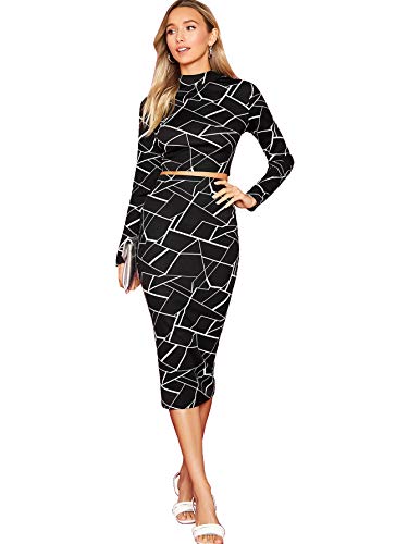 MakeMeChic Women's Two Piece Plaid Long Sleeve Crop Top and Bodycon Midi Skirt Set Suit Black XS - Image 5
