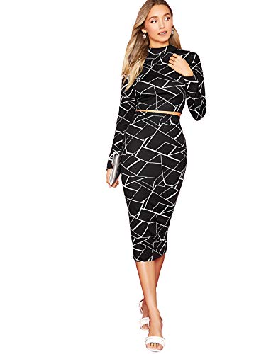 MakeMeChic Women's Two Piece Plaid Long Sleeve Crop Top and Bodycon Midi Skirt Set Suit Black XS