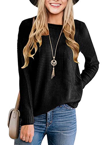 MEROKEETY Women's Long Sleeve Waffle Knit Sweater Crew Neck Solid Color Pullover Jumper Tops