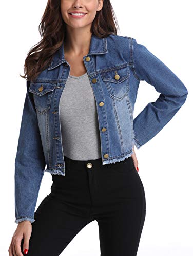 MISS MOLY Jean Jacket Women’s Frayed Washed Button Up Cropped Denim Jacket w 2 Side Pockets - Image 3