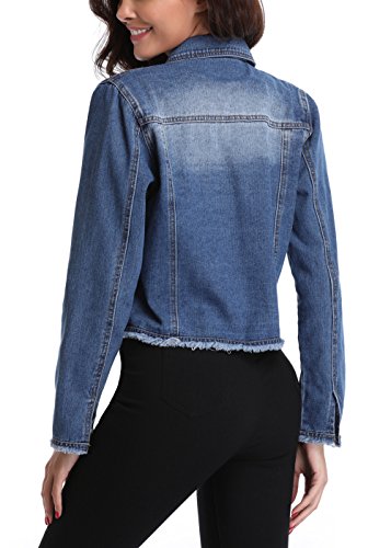MISS MOLY Jean Jacket Women’s Frayed Washed Button Up Cropped Denim Jacket w 2 Side Pockets - Image 4