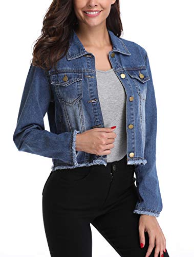 MISS MOLY Jean Jacket Women’s Frayed Washed Button Up Cropped Denim Jacket w 2 Side Pockets - Image 5