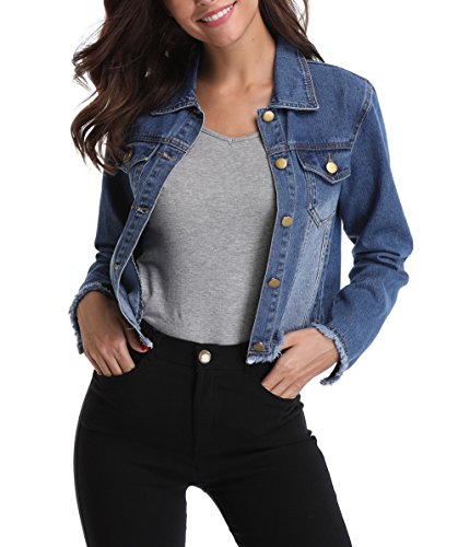 MISS MOLY Jean Jacket Women’s Frayed Washed Button Up Cropped Denim Jacket w 2 Side Pockets - Image 6