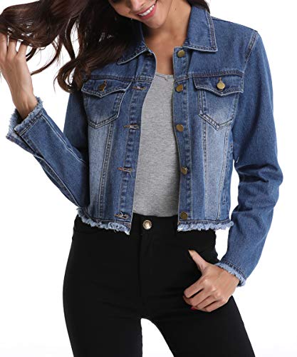 MISS MOLY Jean Jacket Women’s Frayed Washed Button Up Cropped Denim Jacket w 2 Side Pockets - Image 7