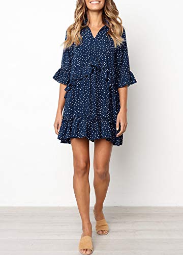 MITILLY Women's V Neck Ruffle Polka Dot Pocket Loose Swing Casual Short T-Shirt Dress - Image 3