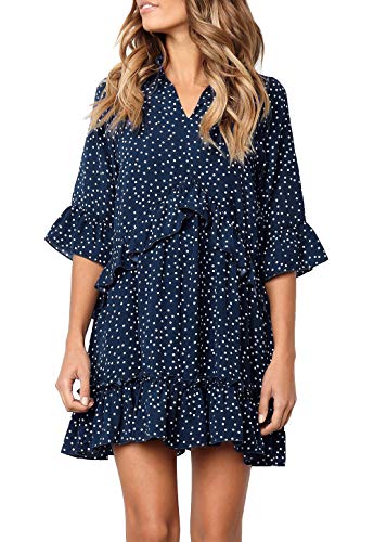 MITILLY Women's V Neck Ruffle Polka Dot Pocket Loose Swing Casual Short T-Shirt Dress