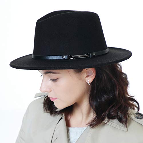 Black Fedora Hats for Women Classic Wide Brim Fedora Hat with Belt Buckle Felt Panama Hat - Image 3