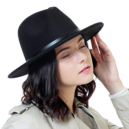 Black Fedora Hats for Women Classic Wide Brim Fedora Hat with Belt Buckle Felt Panama Hat - Image 4