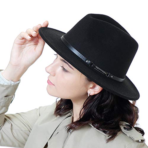 Black Fedora Hats for Women Classic Wide Brim Fedora Hat with Belt Buckle Felt Panama Hat - Image 5