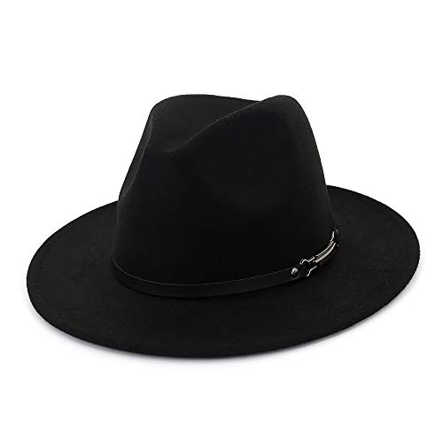 Black Fedora Hats for Women Classic Wide Brim Fedora Hat with Belt Buckle Felt Panama Hat - Image 6