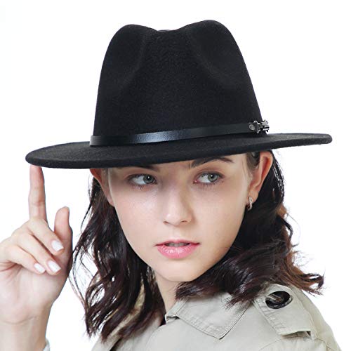Black Fedora Hats for Women Classic Wide Brim Fedora Hat with Belt Buckle Felt Panama Hat