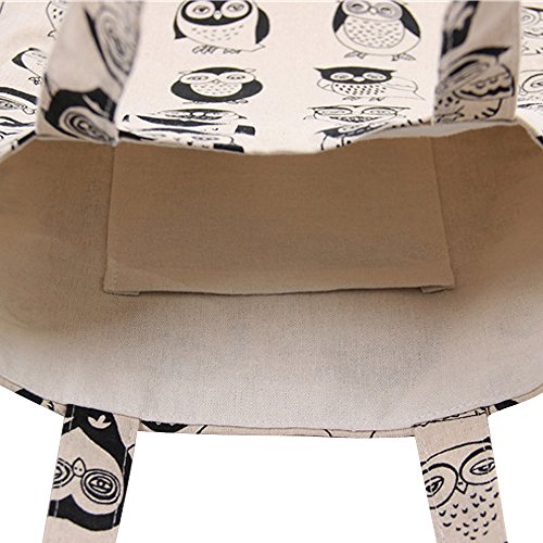 Nuni Women's Cute Owl Print Cotton Canvas Tote Bag, Black Owl/ No Closure, Medium - Image 4