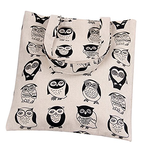Nuni Women's Cute Owl Print Cotton Canvas Tote Bag, Black Owl/ No Closure, Medium - Image 6