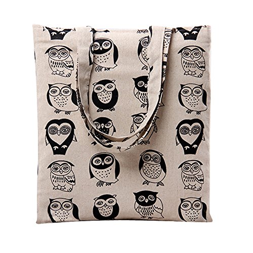 Nuni Women's Cute Owl Print Cotton Canvas Tote Bag, Black Owl/ No Closure, Medium