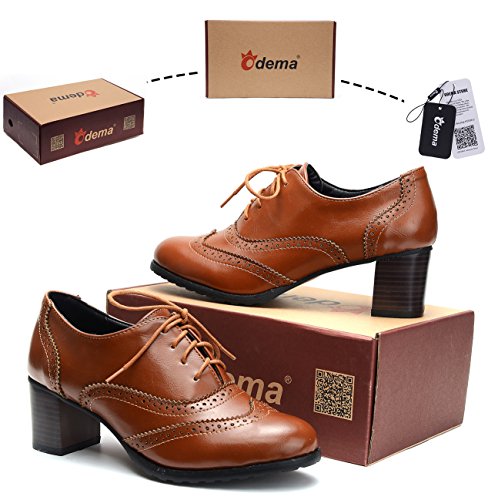 Odema Womens PU Leather Oxfords Wingtip Lace up Mid Heel Pumps Shoes … - Image 8
