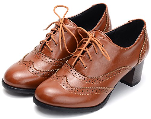 Odema Womens PU Leather Oxfords Wingtip Lace up Mid Heel Pumps Shoes …