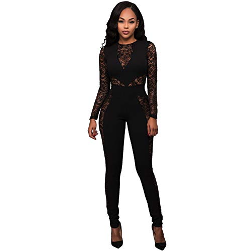 PORRCEY Women Long Sleeve Club Overalls Lace Bodycon Romper Party Jumpsuits