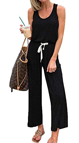 PRETTYGARDEN Women's Casual Sleeveless Solid Jumpsuit Crewneck Drawstring Waist Stretchy Long Pants Romper
