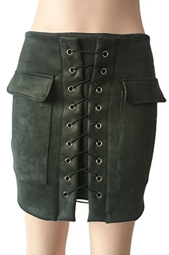PROGRACE Women's Vintage Lace Up High Waist Bodycon Faux Suede Mini Skirt - Image 5