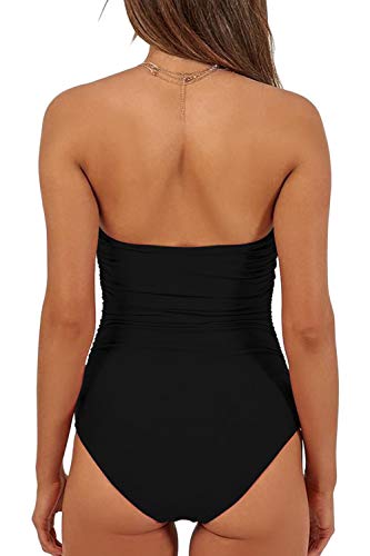 QINSEN Womens Sexy Strapless Tie Knot Front High Waist One Piece Swimsuit - Image 3