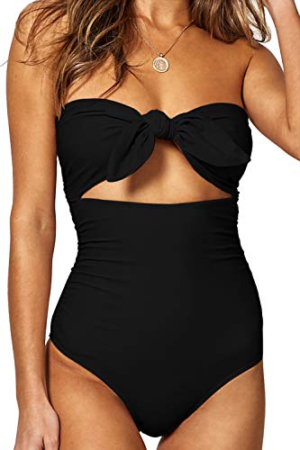 QINSEN Womens Sexy Strapless Tie Knot Front High Waist One Piece Swimsuit