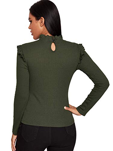 Romwe Women's Stand Collar Slim Fit Frilled Ruffles Shoulder Solid Keyhole Blouse Top - Image 3