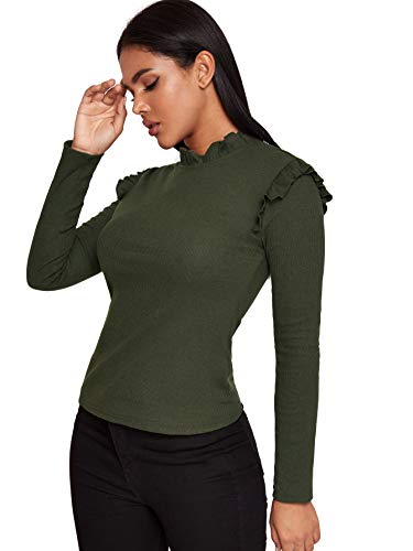 Romwe Women's Stand Collar Slim Fit Frilled Ruffles Shoulder Solid Keyhole Blouse Top - Image 4