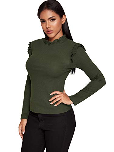 Romwe Women's Stand Collar Slim Fit Frilled Ruffles Shoulder Solid Keyhole Blouse Top - Image 5