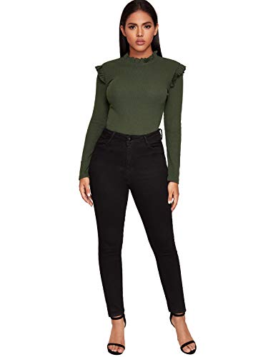 Romwe Women's Stand Collar Slim Fit Frilled Ruffles Shoulder Solid Keyhole Blouse Top - Image 6