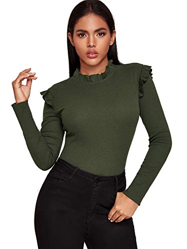 Romwe Women's Stand Collar Slim Fit Frilled Ruffles Shoulder Solid Keyhole Blouse Top