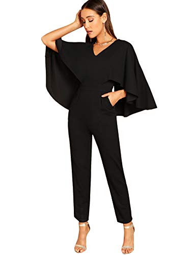 Romwe Women's V-Neck Solid Cape High Waist Long Pants Jumpsuit