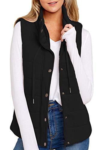 ReachMe Womens Quilted Vest with Hood Zip Up Padded Vest Sleeveless Puffer Jacket with Pockets(Black,S)