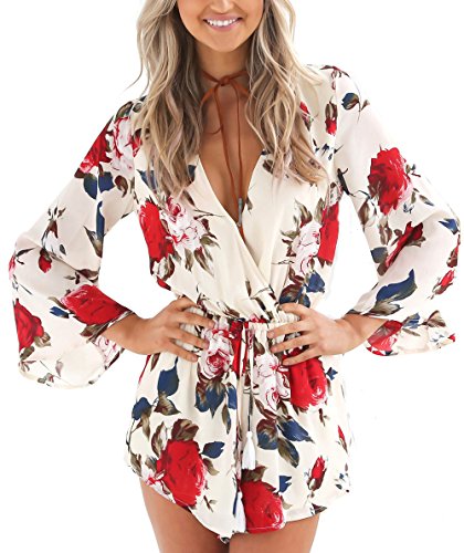 Relipop Women's Floral Print Long Sleeves Short Romper Playsuit Jumpsuit