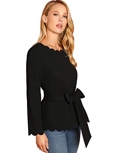 Romwe Women's Bow Self Tie Scalloped Cut Out Elegant Office Work Tunic Blouse Top - Image 3
