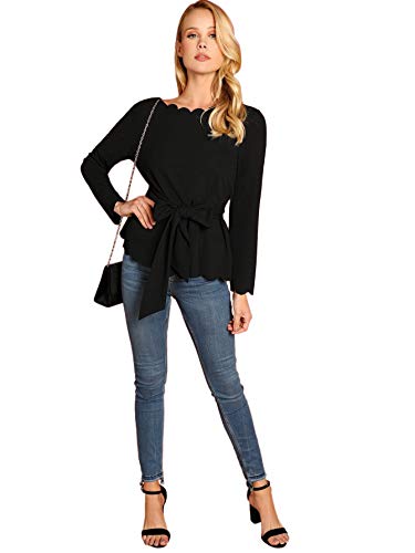 Romwe Women's Bow Self Tie Scalloped Cut Out Elegant Office Work Tunic Blouse Top - Image 6