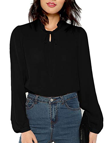 Romwe Women's Solid Print Elegant Bow Tie Neck Long Sleeve Work Office Blouse Top