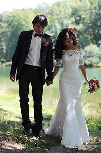 SIQINZHENG Women's Off The Shoulder Lace Wedding Dresses Half Sleeve Mermaid Bridal Gowns - Image 5