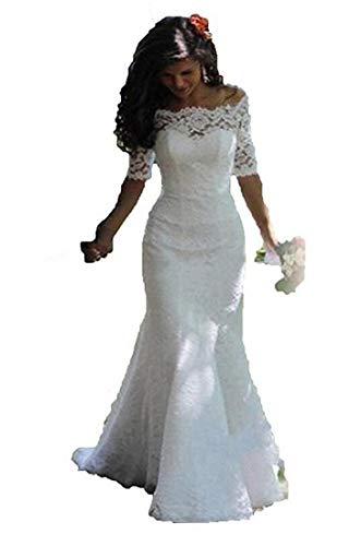 SIQINZHENG Women's Off The Shoulder Lace Wedding Dresses Half Sleeve Mermaid Bridal Gowns - Image 2