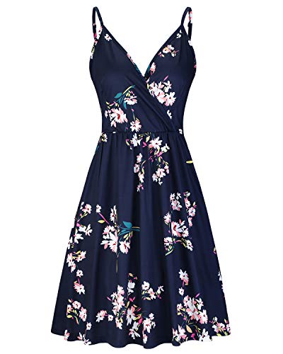 STYLEWORD Women's V Neck Floral Spaghetti Strap Summer Casual Swing Dress with Pocket