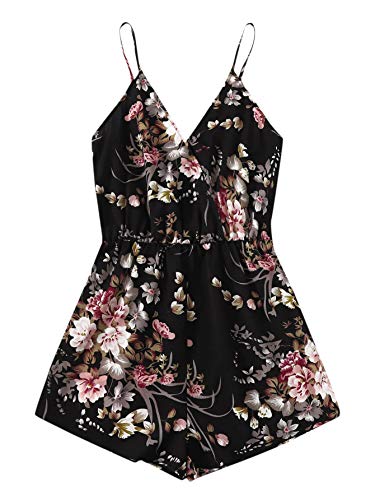 SheIn Women's Tropical Cami Rompers Sleeveless V Neck Wide Leg Short Jumpsuits