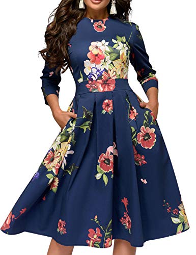 Simple Flavor Women's Floral Vintage Dress Elegant Midi Evening Dress 3/4 Sleeves